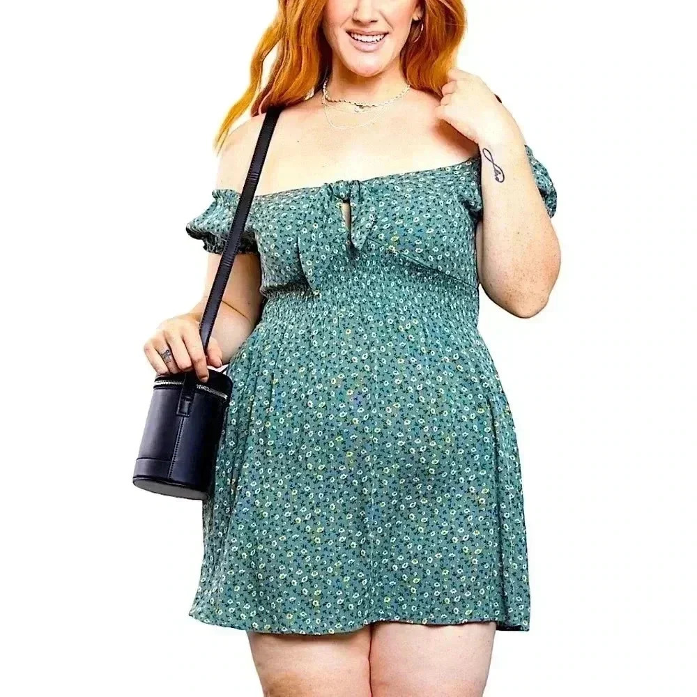 Plus size Floral Tie Front mini Blush BJ Puff Sleeve Sundress size 1X